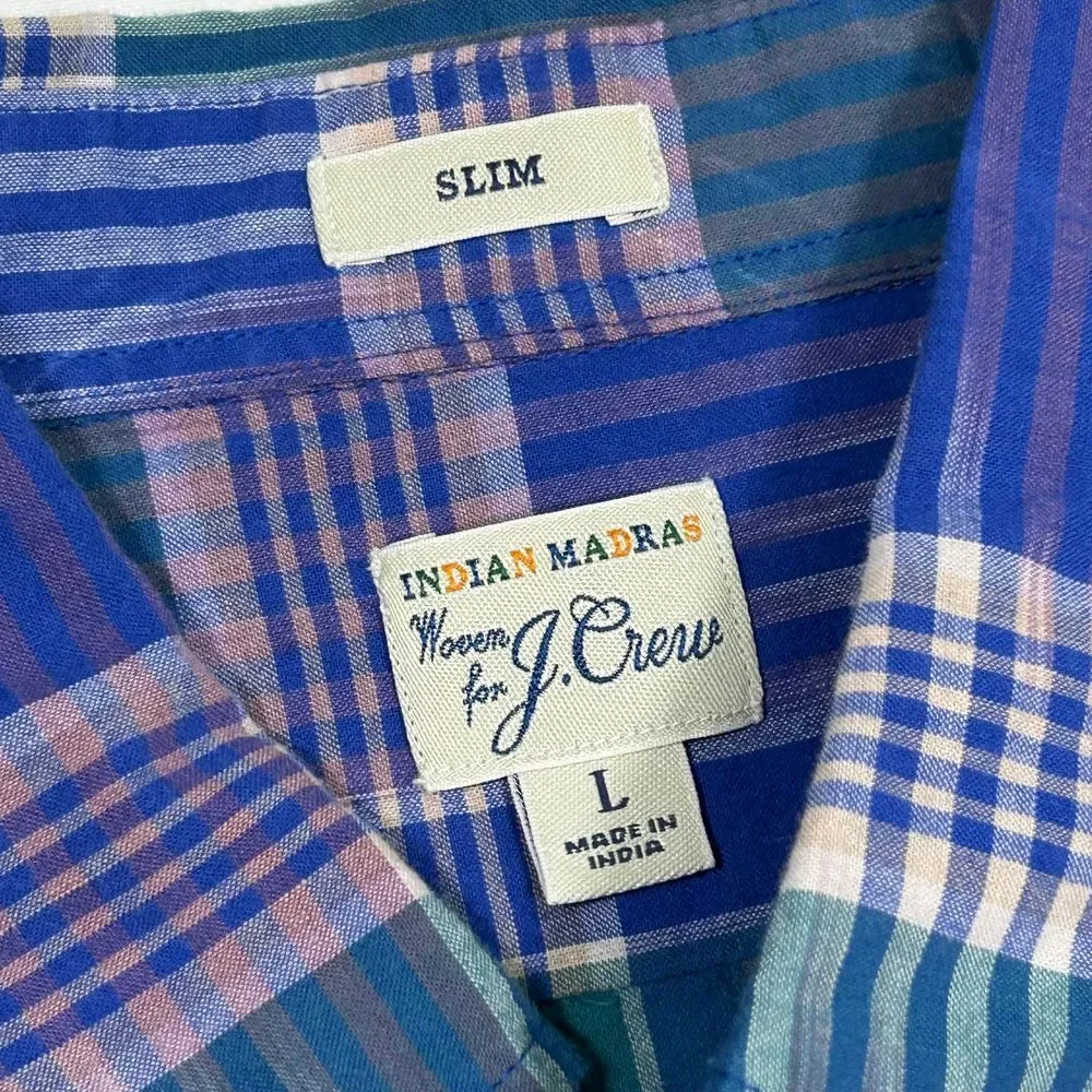 J.Crew Indian Madras Button-Down Plaid Shirt Blue Green Check Long Sleeve Mens L